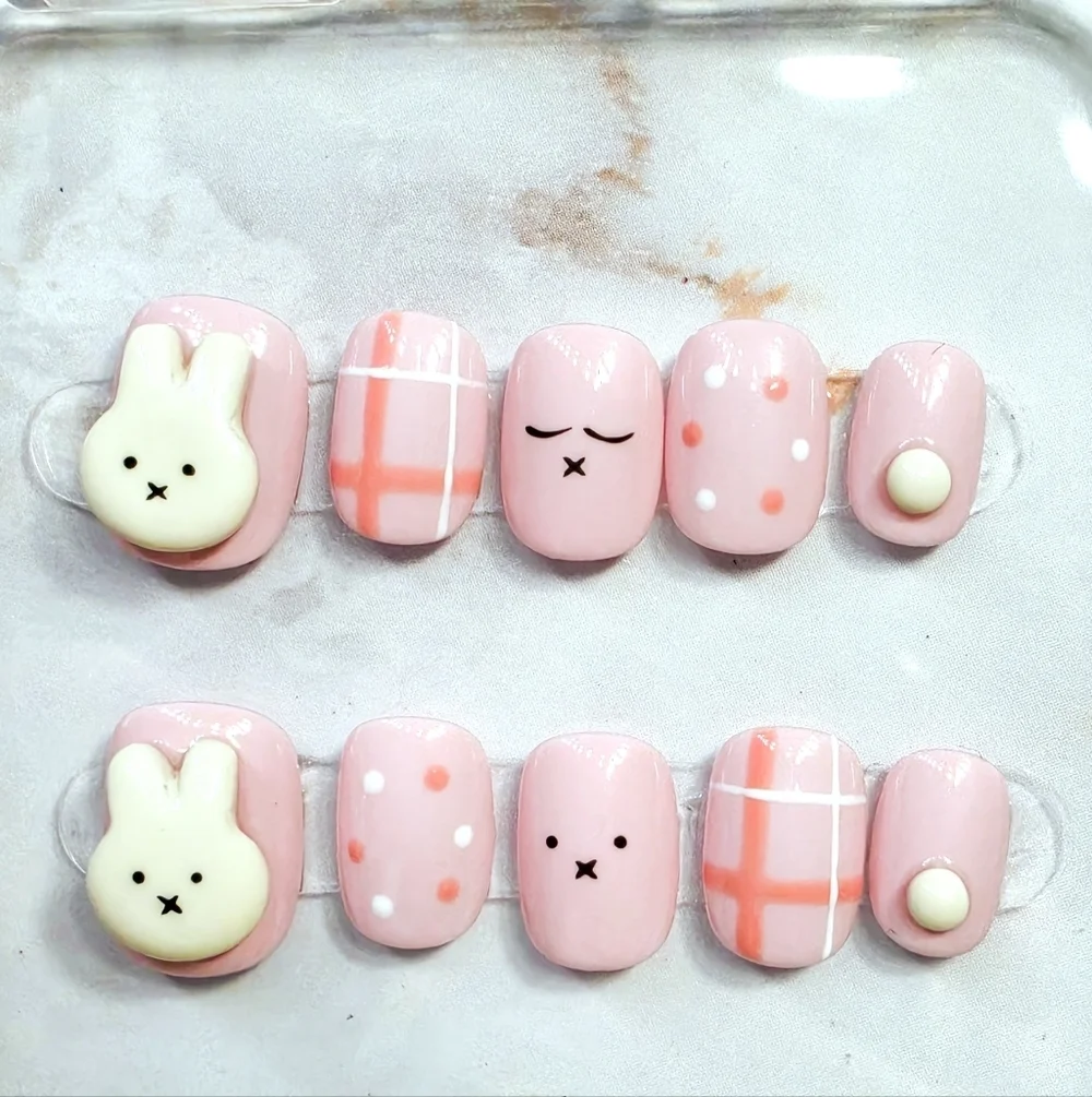Kawaii Miffy Bunny Press On Nails Pink Plaid & 3D Easter Rabbit Art Size Small